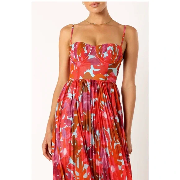 Petal & Pup Red Pink Orange Floral Pleated Maxi Dress - Picture 7 of 14